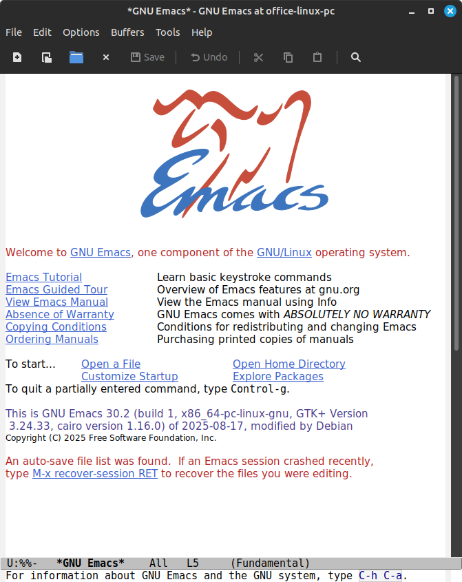 Screenshot of Emacs without any customization